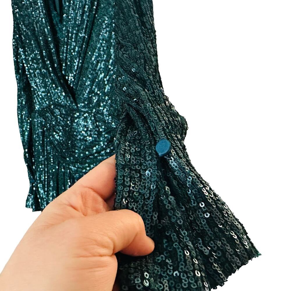 JONATHAN SIMKHAI Sequin Embroidered Long Sleeve Draped Front Marine Gown Size 2 - Picture 7 of 14